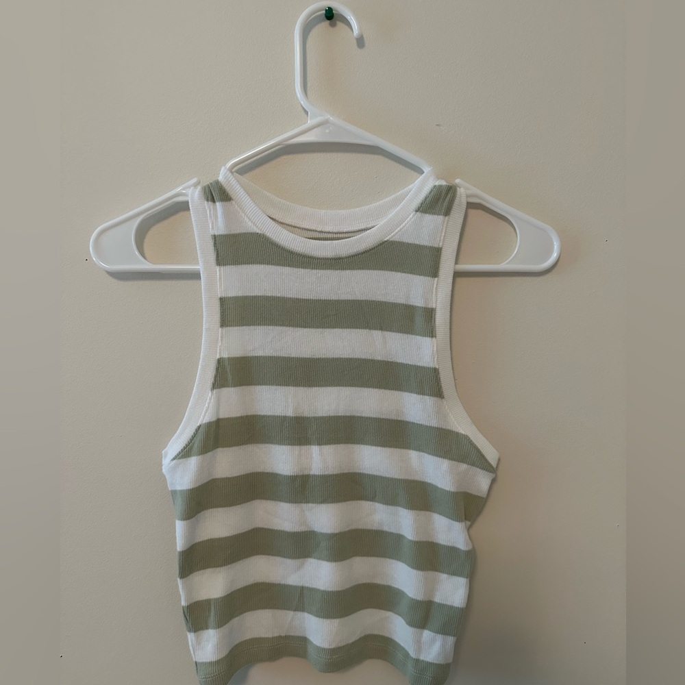 Hollister White and Green Fitted Crop Tank Top
